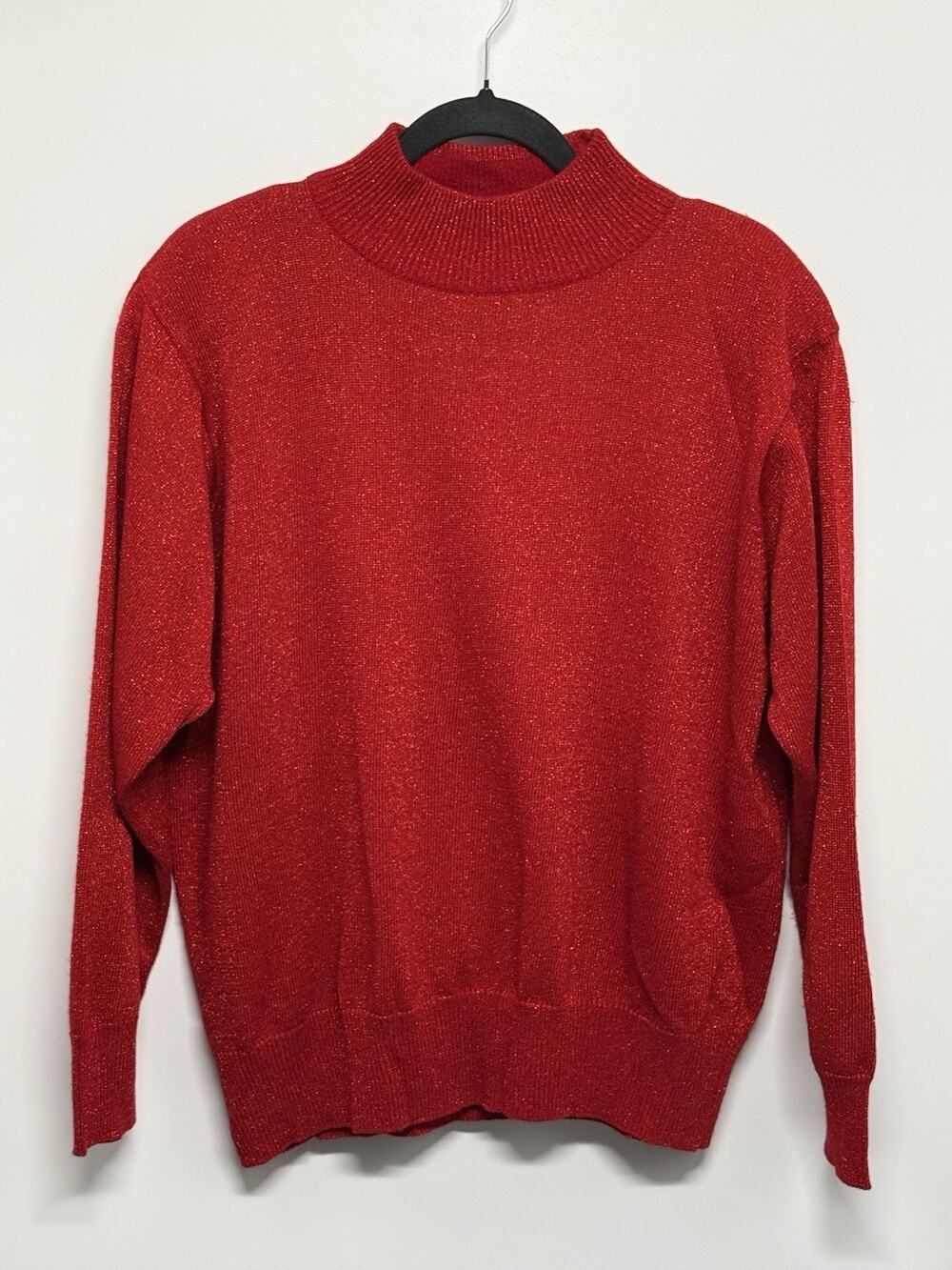 Vtg Dressbarn Woman Holiday Mockneck Sweater 14/16 Red Sparkle Shoulder Pads